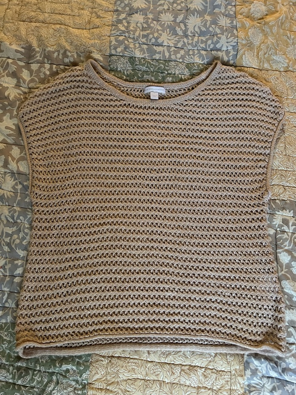 New York & Company Taupe Open-Knit Sleeveless Crew Sweater